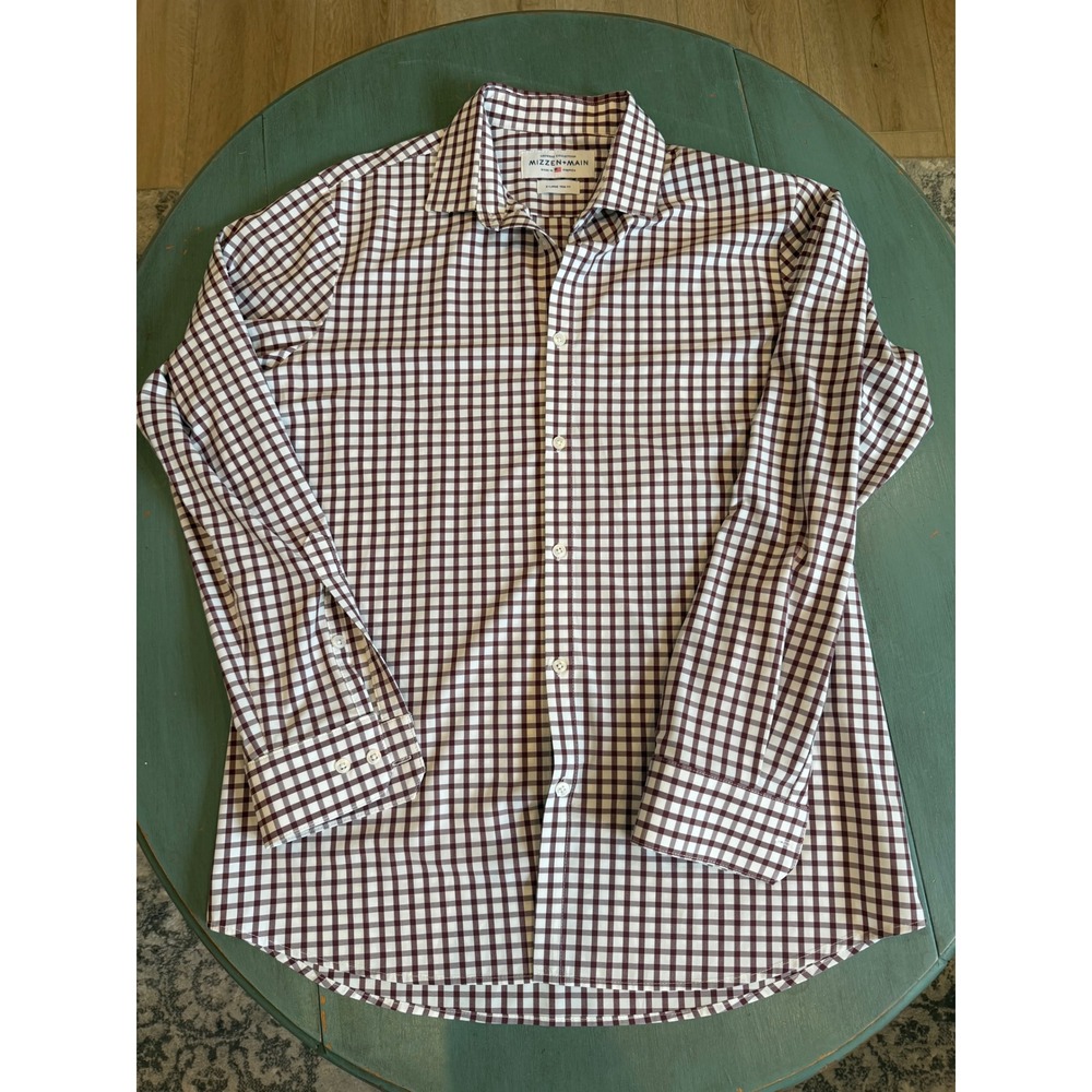 Mizzen+Main Leeward Collection Gingham Dress Shirt XL Trim Fit Maroon White